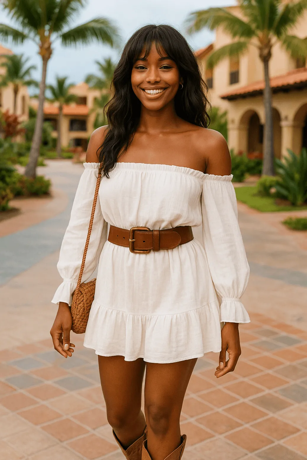 Woman in off-shoulder white mini dress with belt