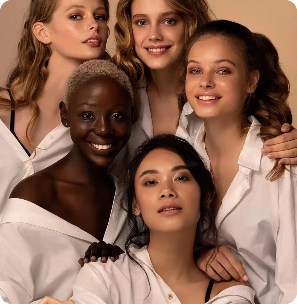 Diverse group of models in white shirts