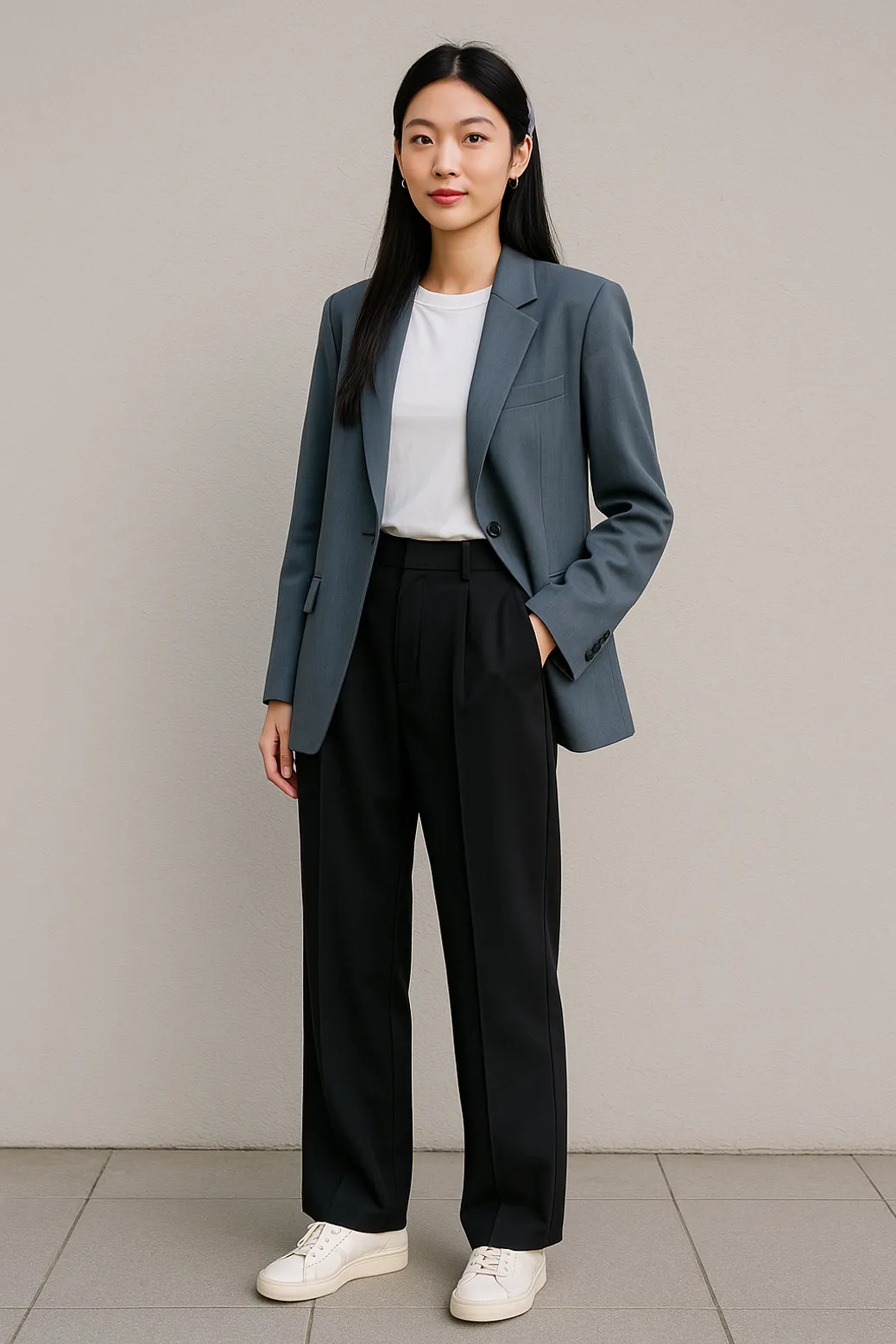 Woman in oversized blue blazer with black trousers and white t-shirt
