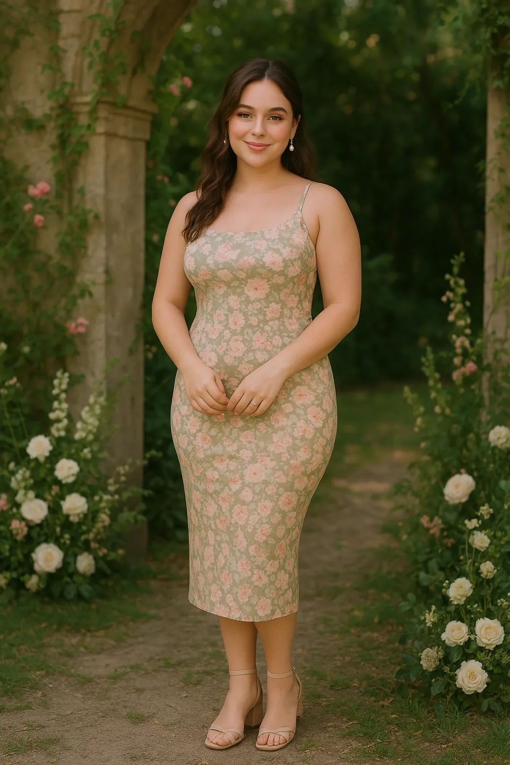 Woman in pastel floral midi dress in garden setting