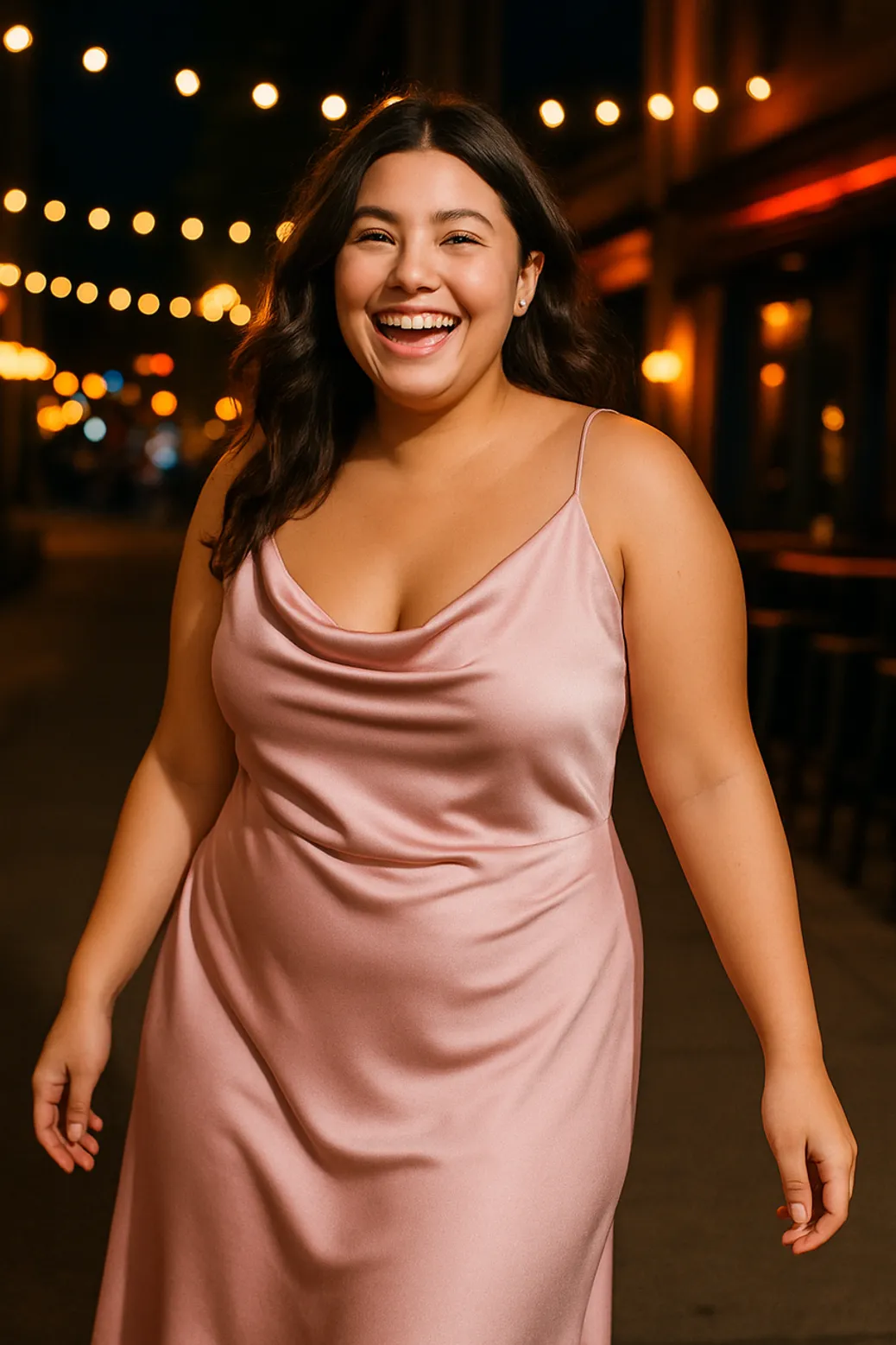 Woman in pink satin slip dress walking at night