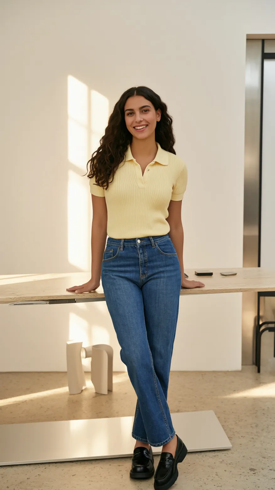 Woman wearing yellow ribbed polo shirt and jeans