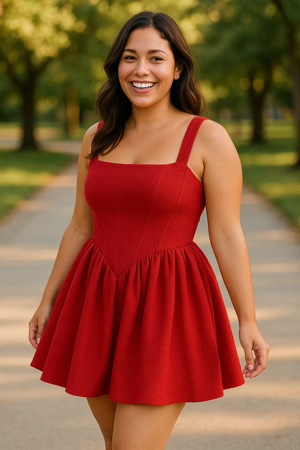 Woman in a red fit-and-flare mini dress smiling in a park