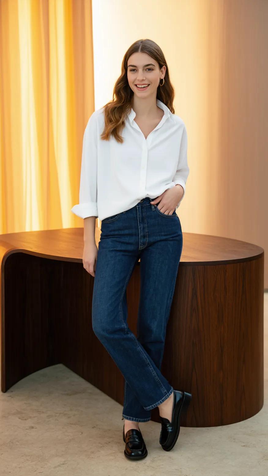 Woman in white button-down and blue jeans leaning on desk