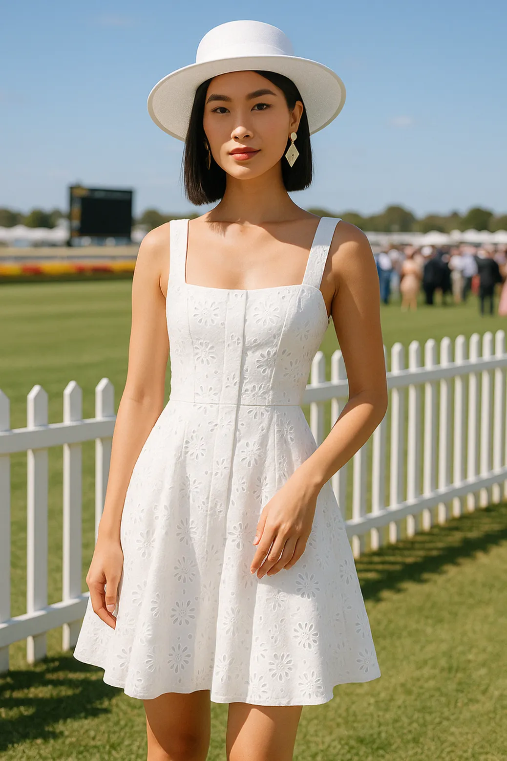 Woman in white eyelet dress with wide brim hat