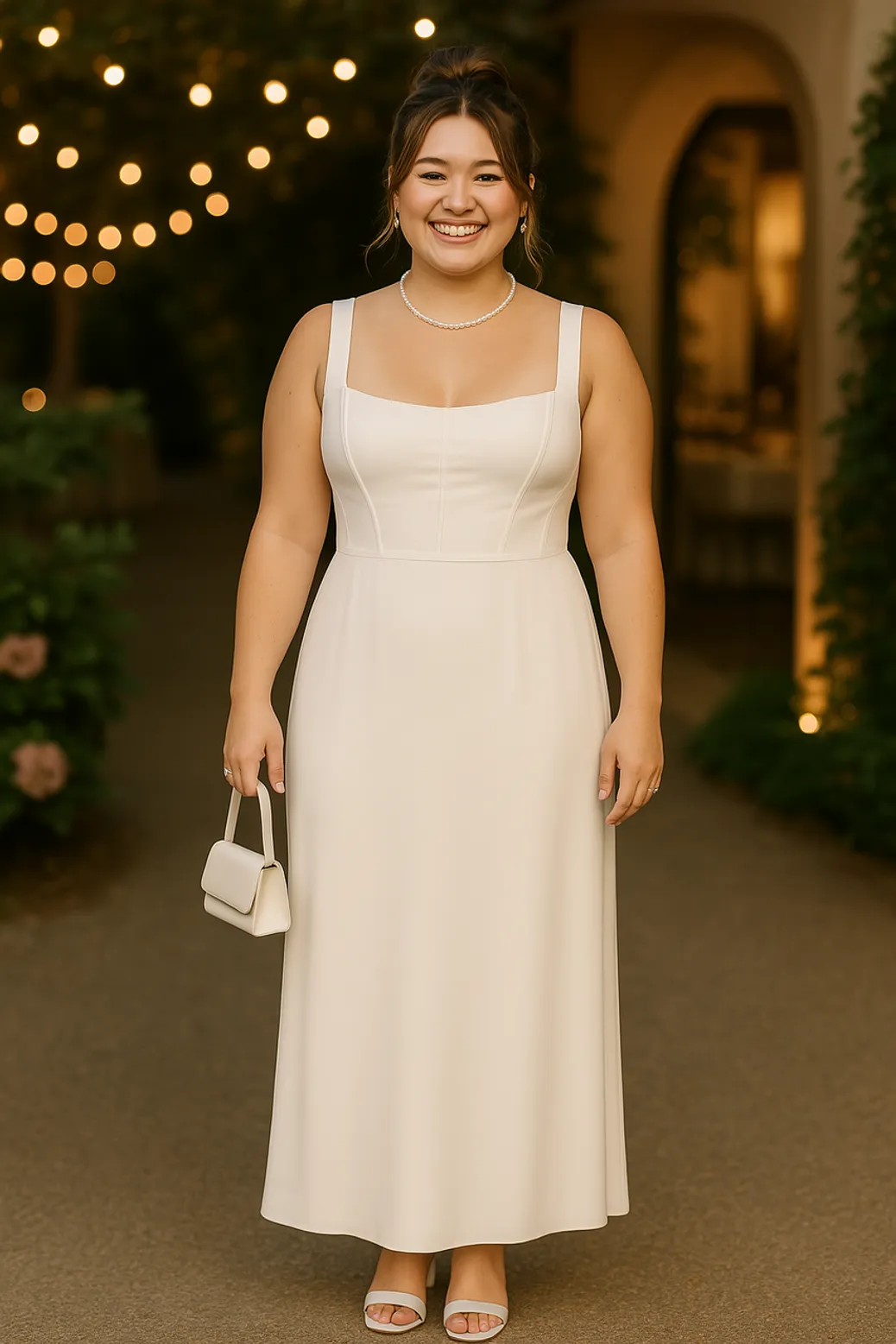 Smiling woman in white square-neck midi dress at evening event