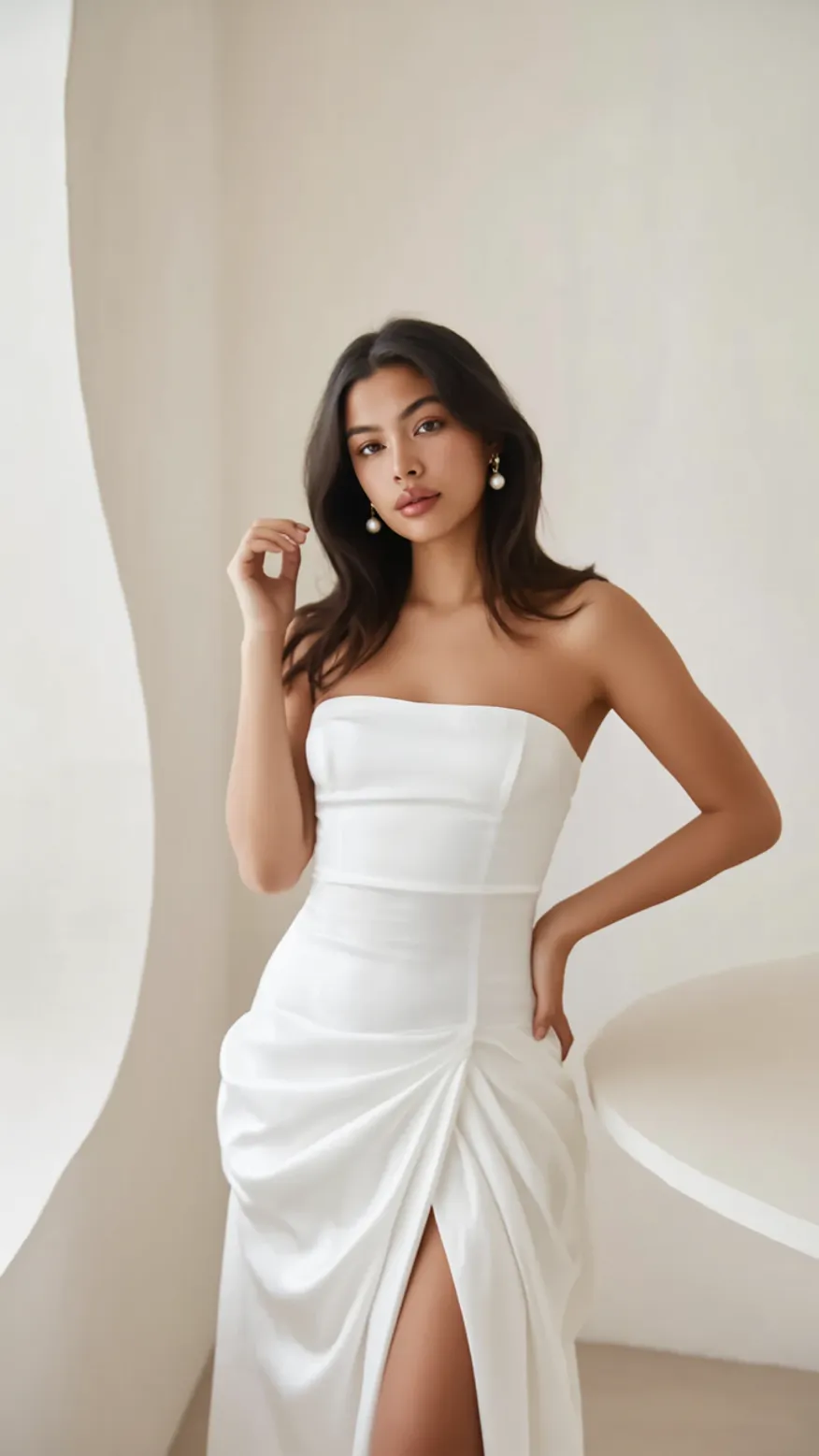 Woman in a white strapless gown with high slit