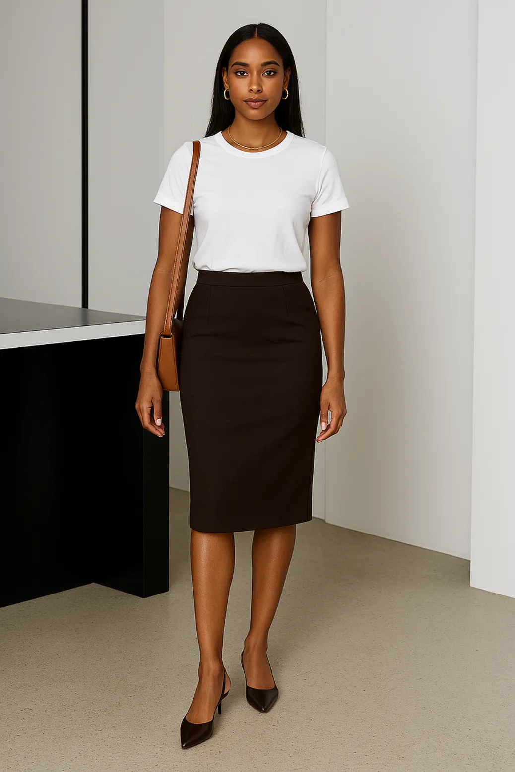 Woman in white t-shirt and dark brown pencil skirt