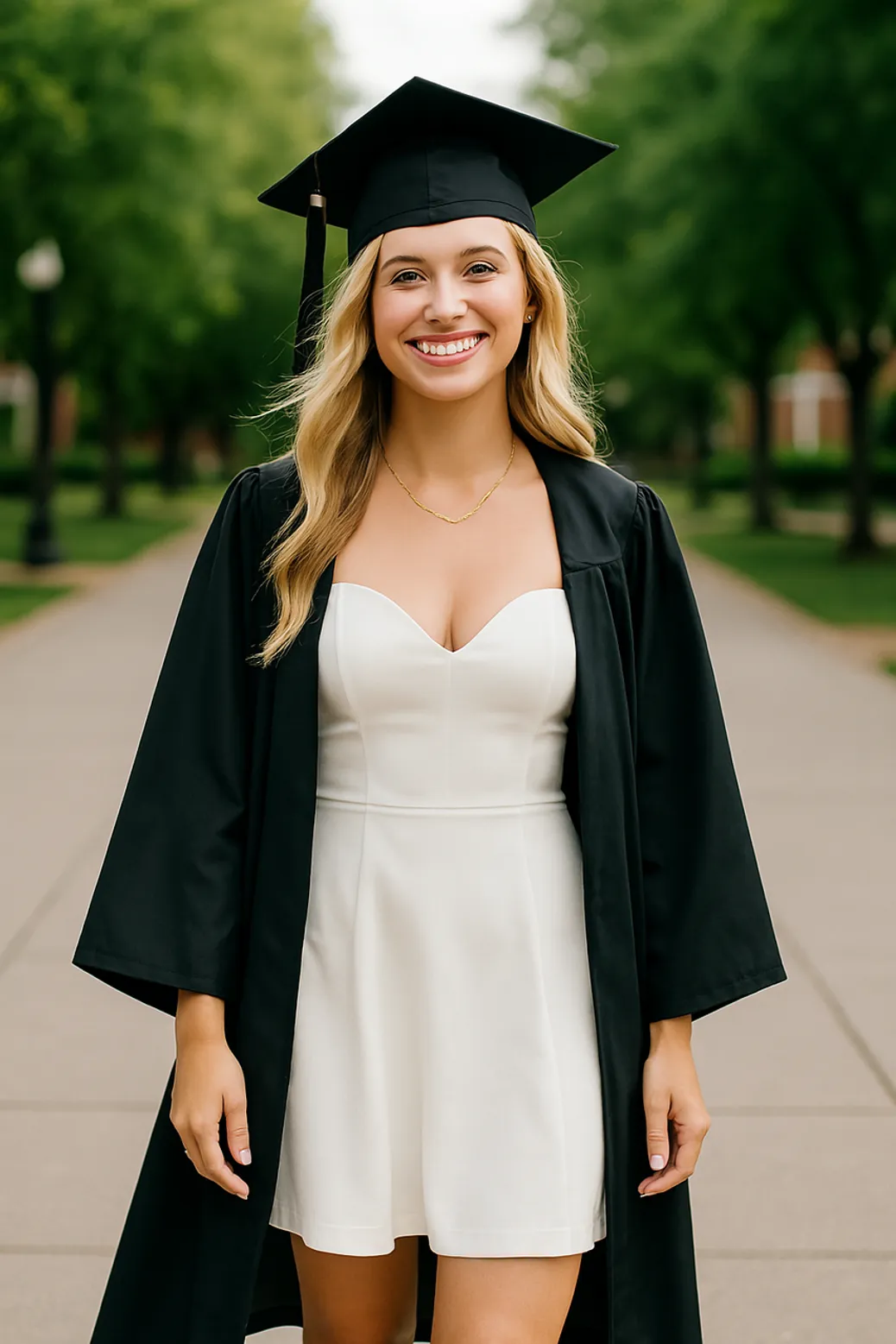 Smiling young woman in a white dress and black graduation gown and cap