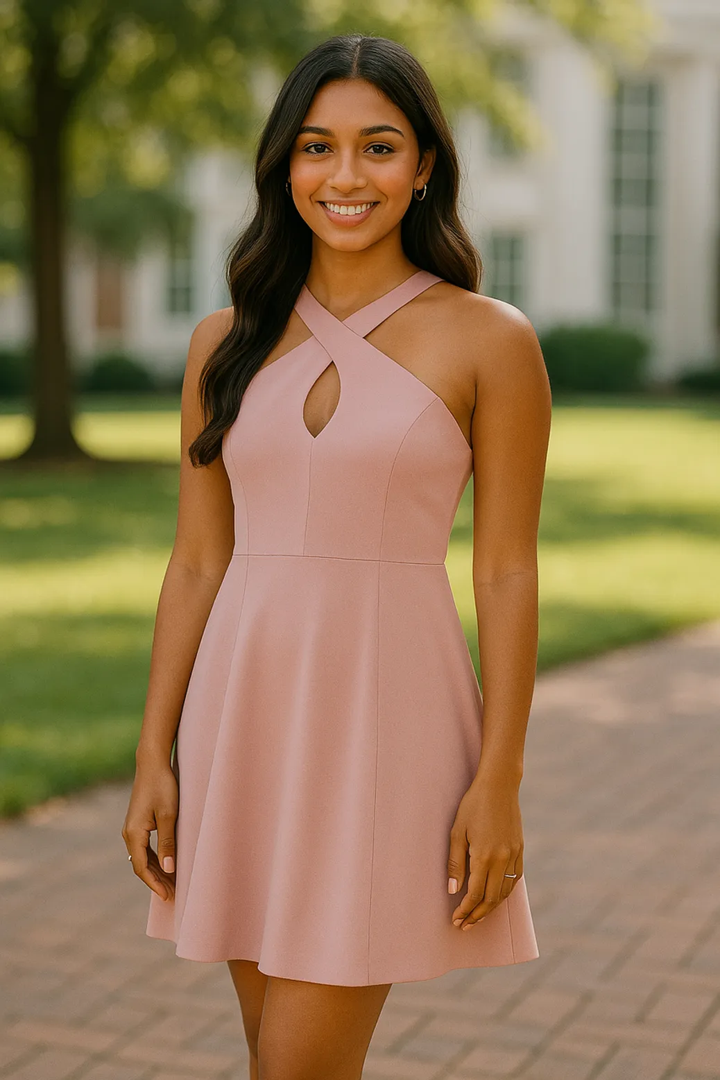 Smiling woman in a pink halter dress posing outdoors on a sunny day