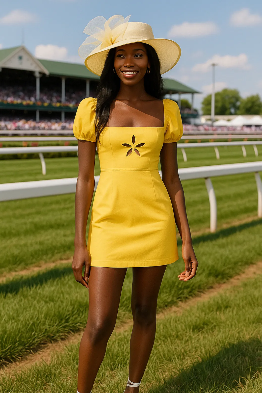 Woman in yellow puff sleeve dress with cut-out at derby