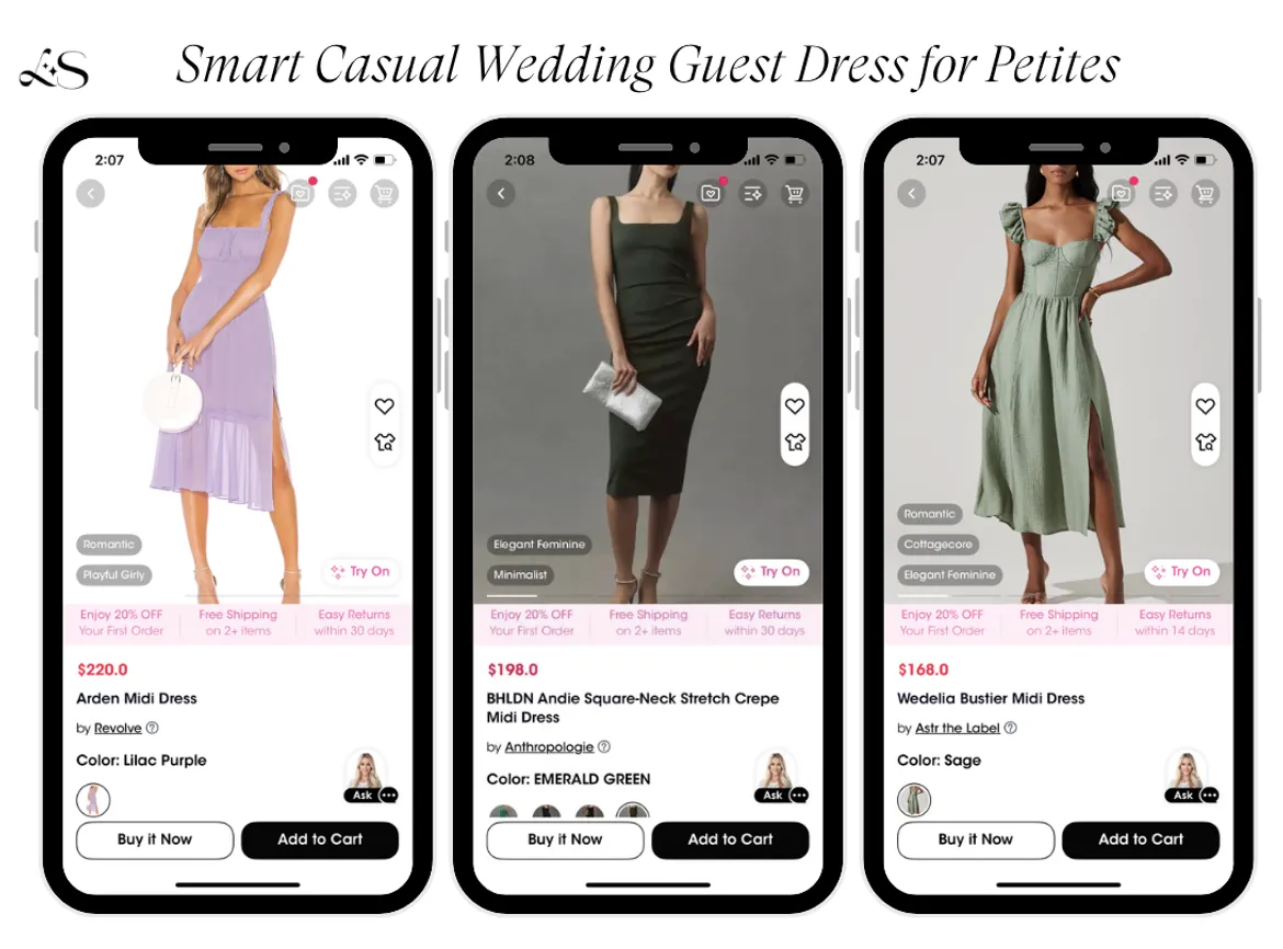 Smart casual wedding guest dresses for petite women in lilac, green, and sage