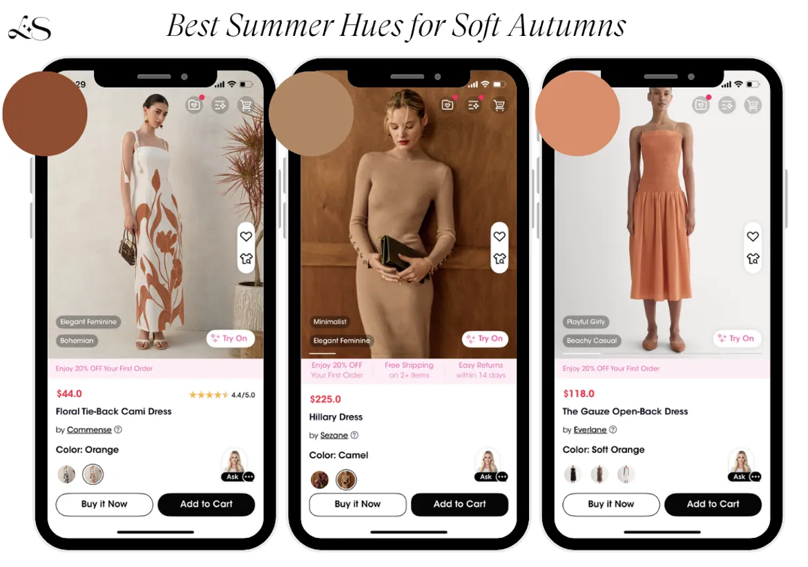 Best summer tones for Soft Autumns with dresses in orange, camel, and soft peach