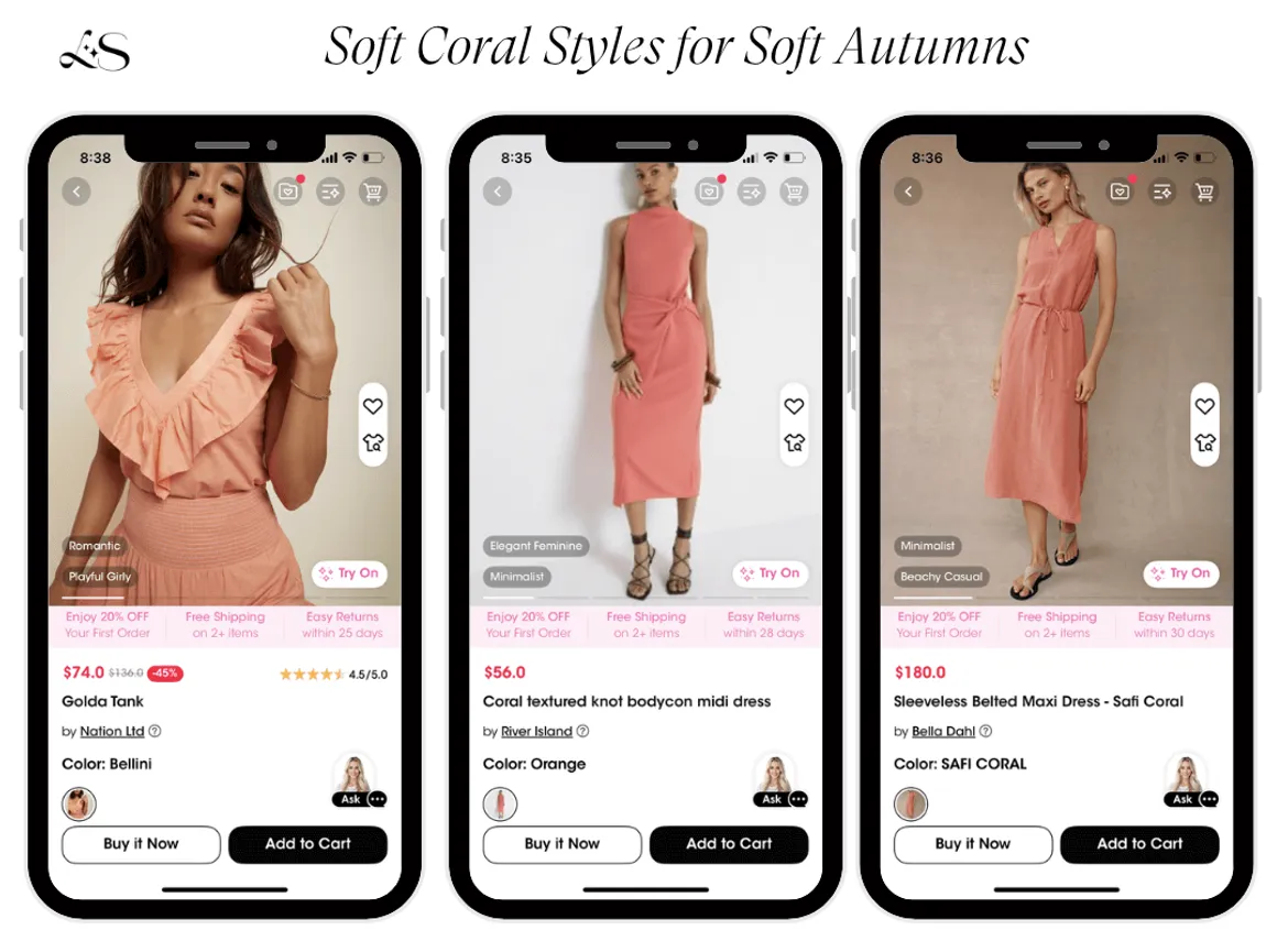 Soft coral summer dresses for soft autumn color palette