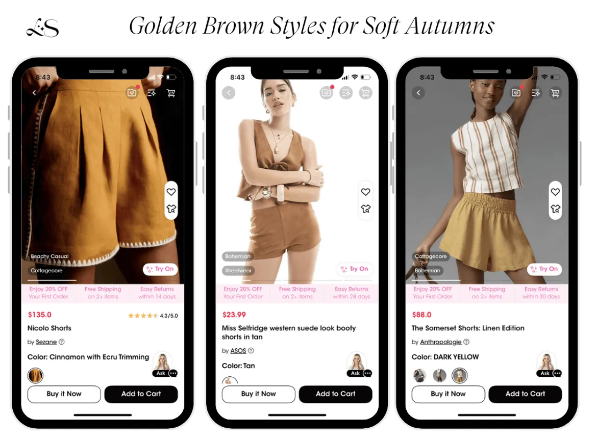 Golden brown shorts and matching tops for soft autumns