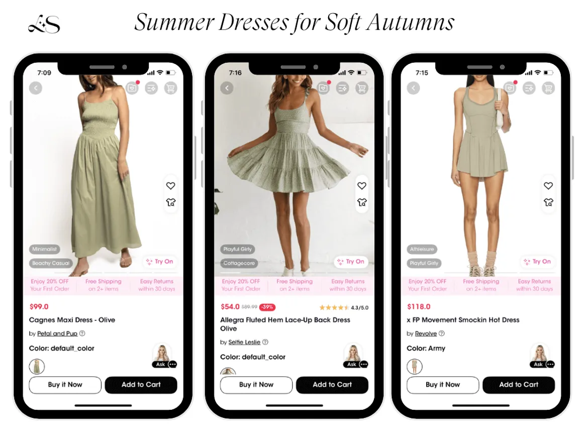 Soft autumn summer dresses with virtual try-on in olive and army green