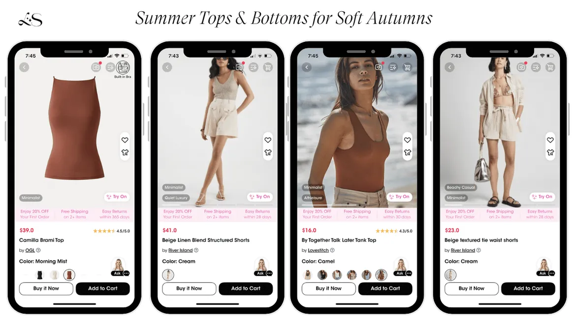 Soft autumn summer tops and shorts in earthy tones for virtual try-on