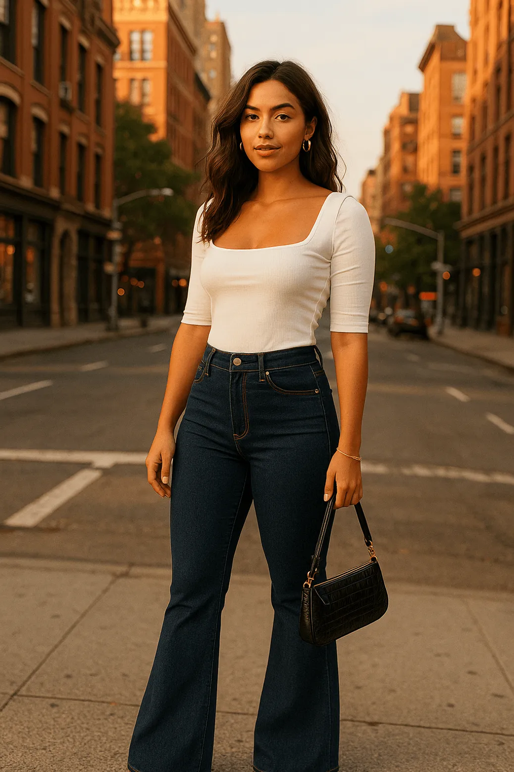 Woman in square neck white top and bootcut jeans