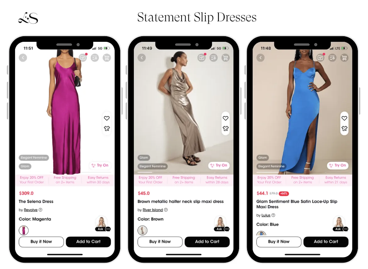 Glamorous satin slip dresses in magenta, brown, blue
