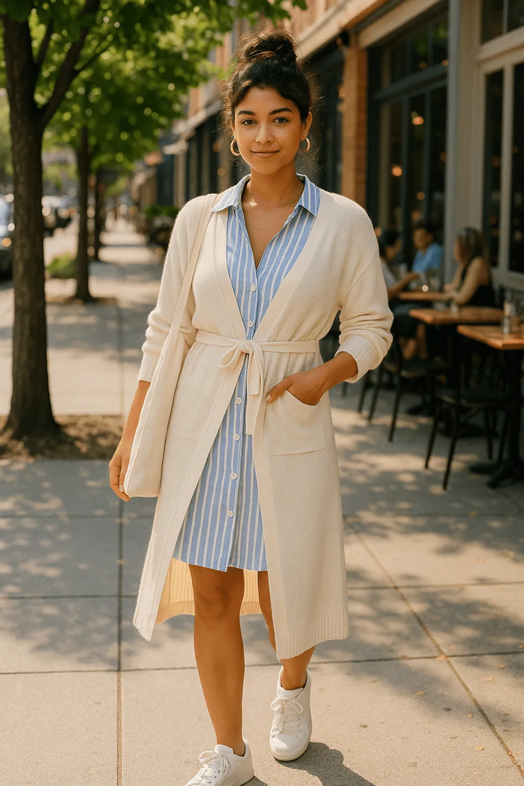 Woman in striped dress and long cream cardigan