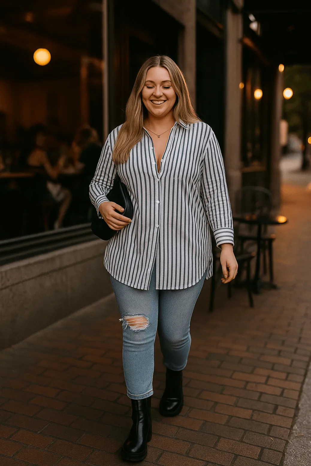 Woman in oversized striped shirt and distressed jeans