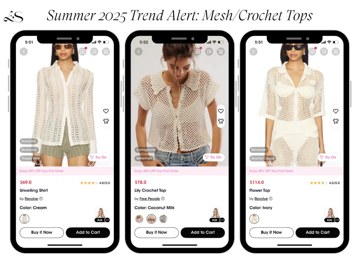 Mesh and crochet tops as a Summer 2025 fashion trend in bohemian and romantic styles