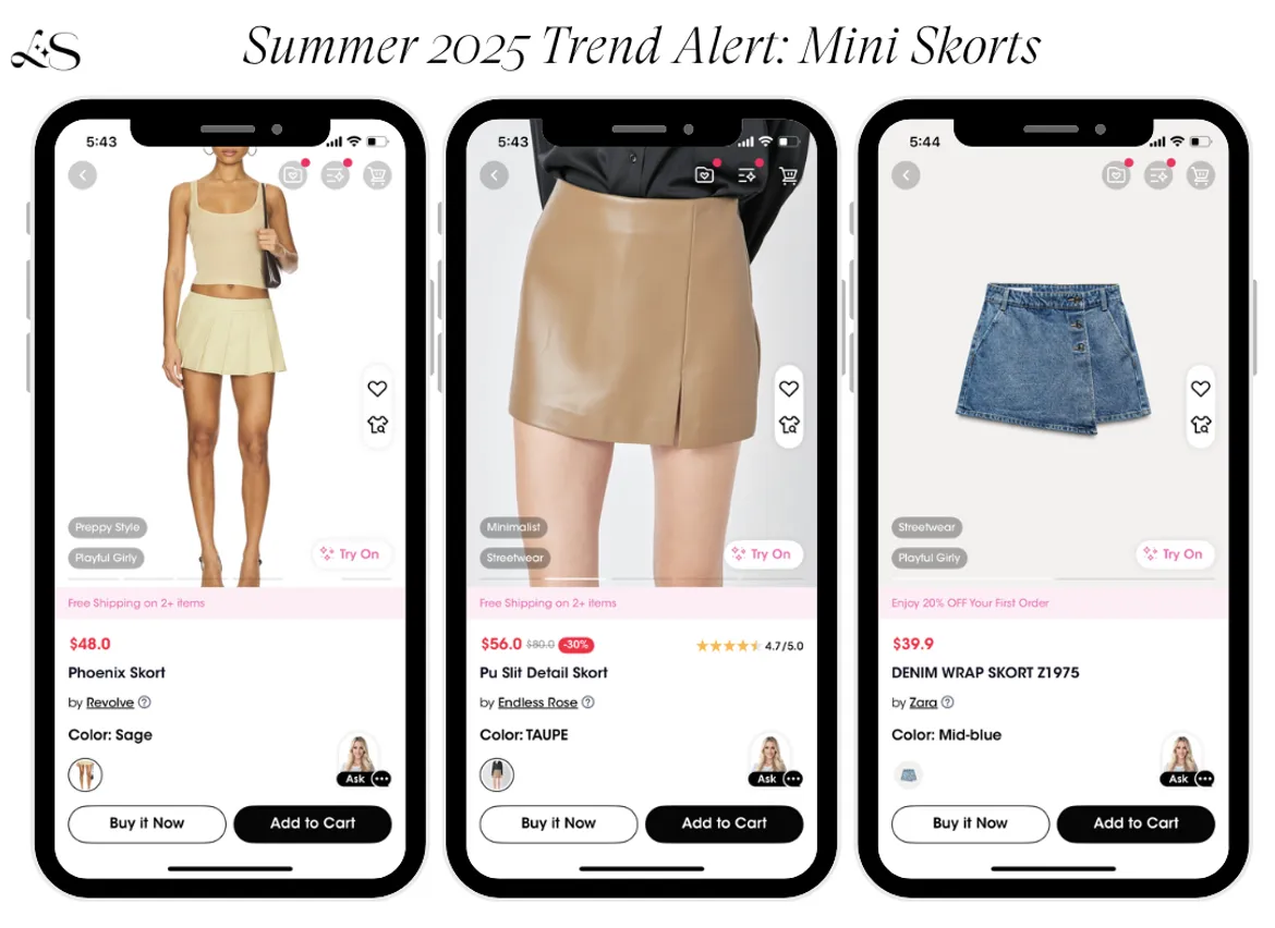 Summer 2025 mini skorts fashion trend in playful, streetwear, and minimalist styles