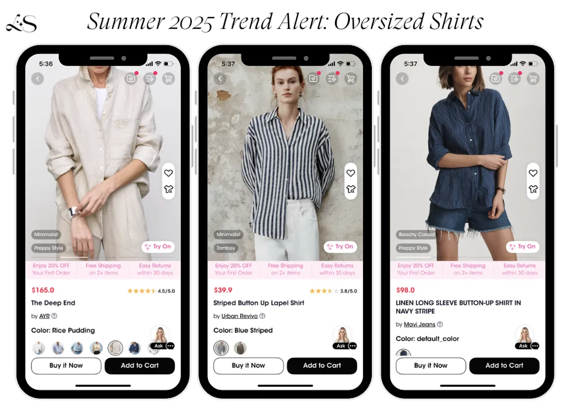 Summer 2025 Trend Alert featuring oversized shirts in minimalist, tomboy, and casual styles