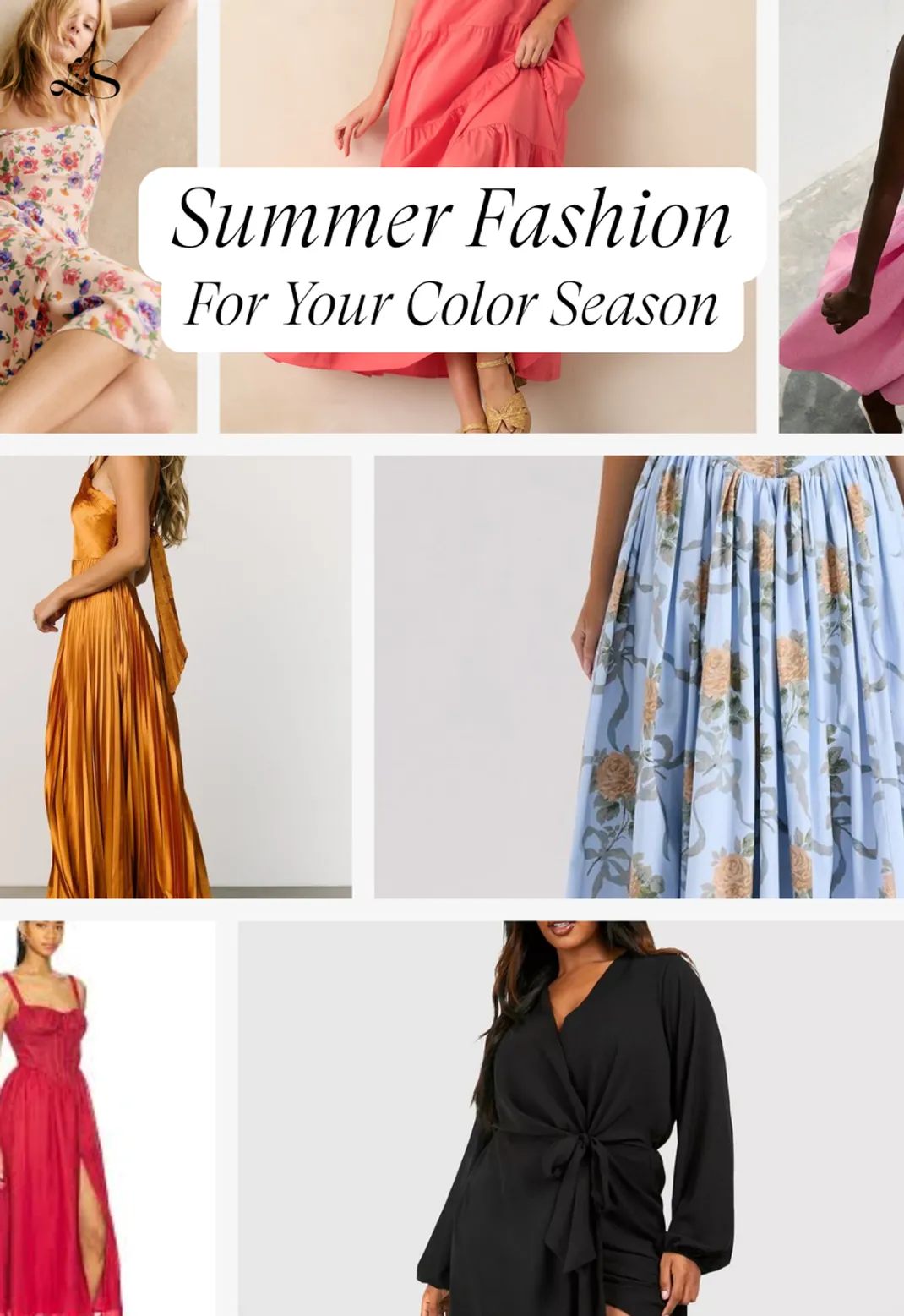 Summer fashion dresses for different color seasons including black wrap dress, coral pink, and floral prints