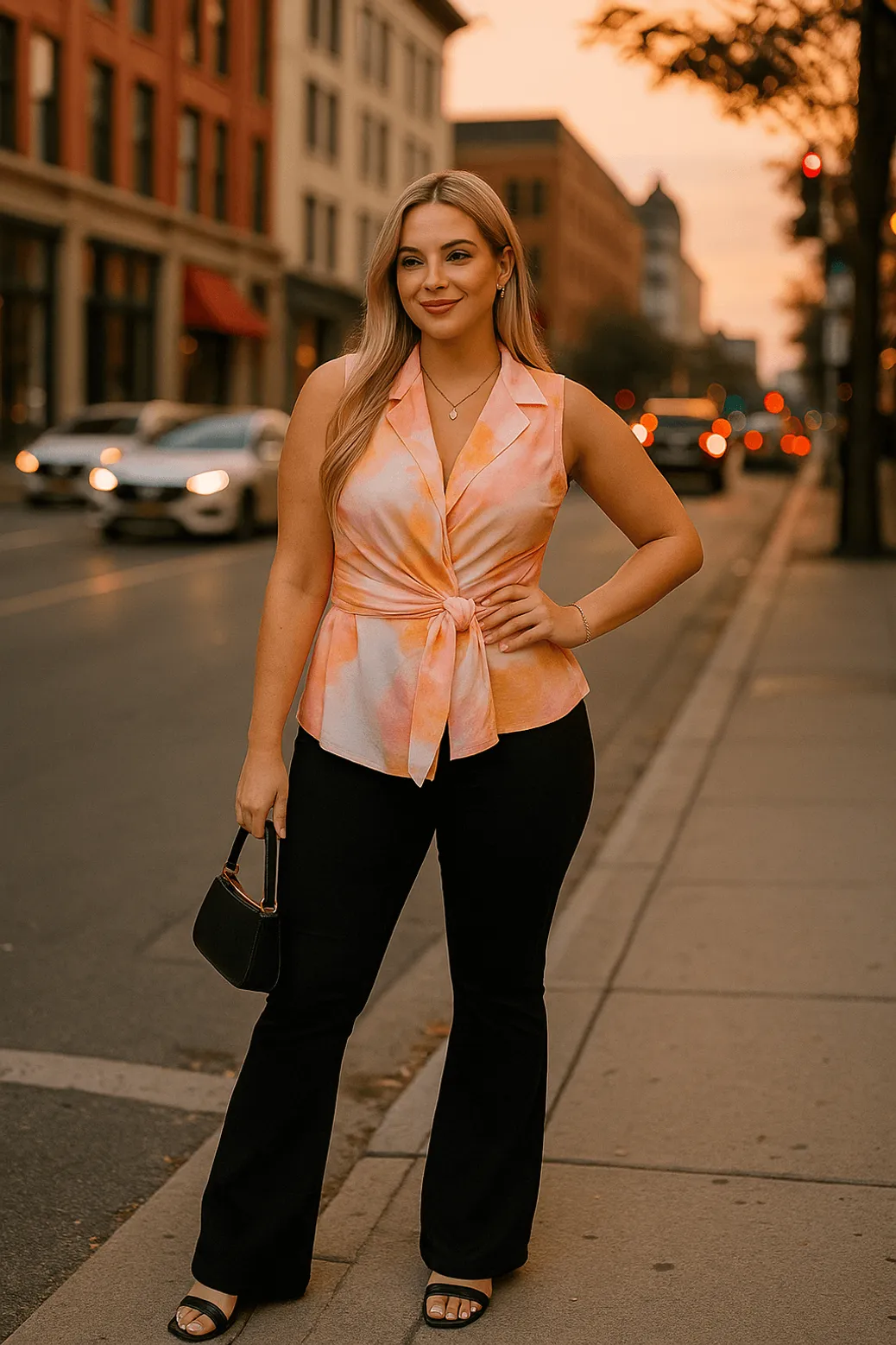 Curvy woman in sunset tone peplum top with black flare pants