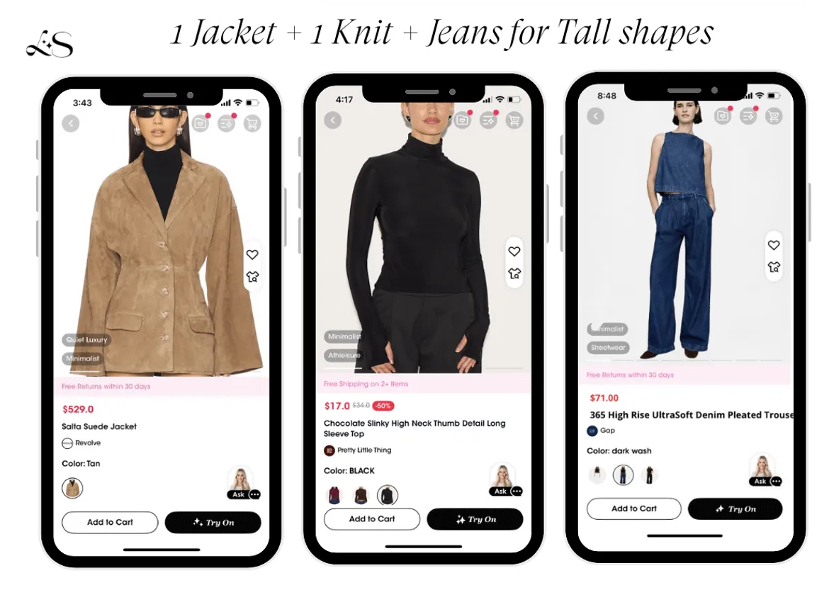 Tall women fall outfit with long suede blazer, high neck knit and pleated denim trousers