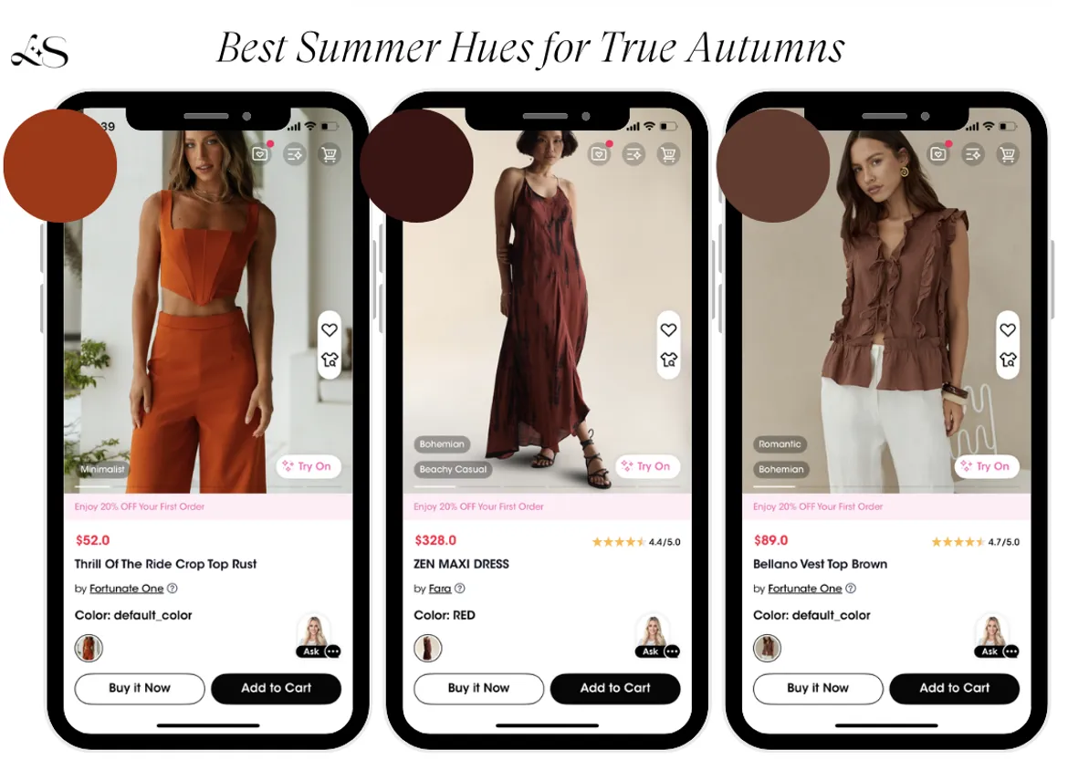 True Autumn summer outfits in rust orange, deep red, and warm brown tones