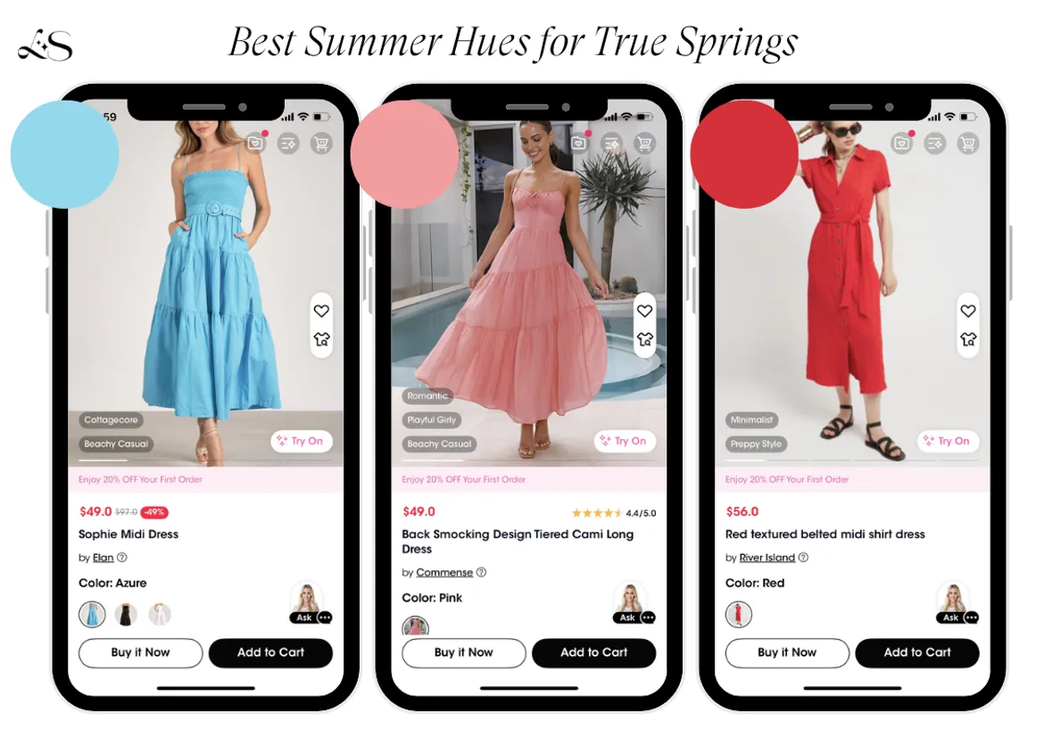 Best summer colors for True Spring including azure blue, warm pink, and bright red dresses