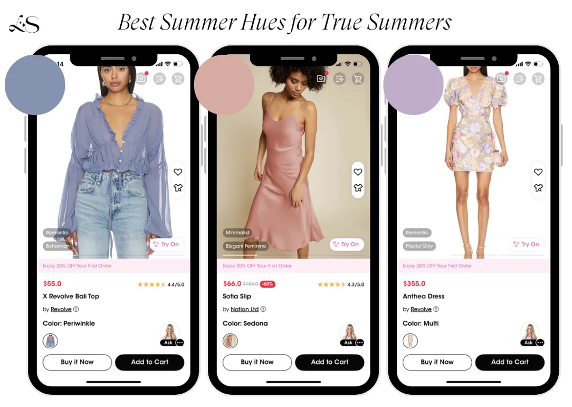 True Summer wardrobe hues including periwinkle, dusty rose, and floral pastels