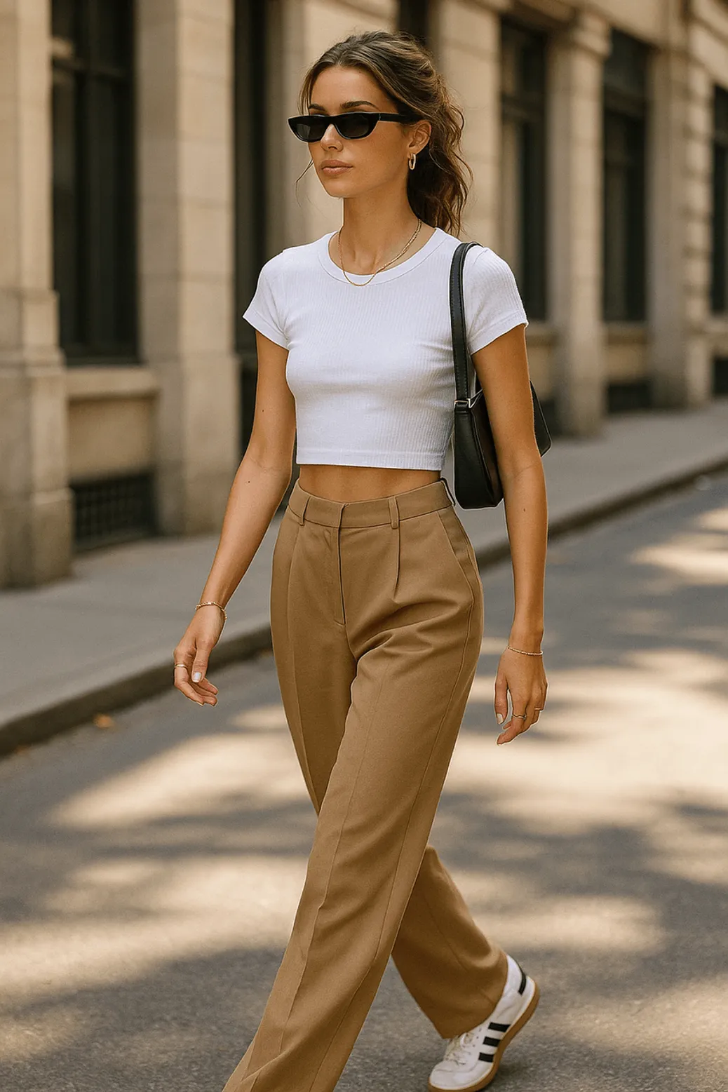Woman walking in city wearing white crop top and tan high-waisted trousers