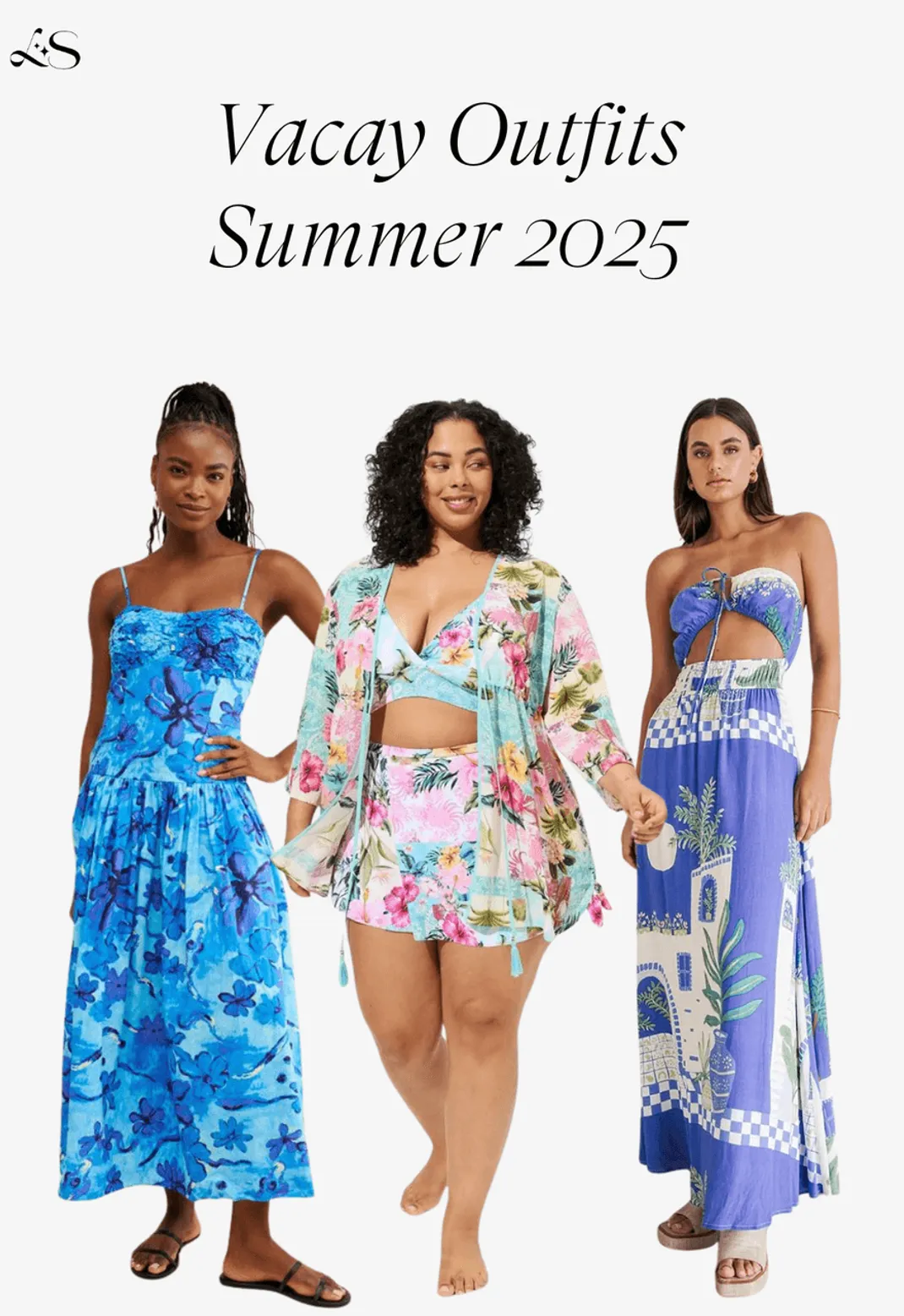 Summer 2025 vacation outfits for women in blue floral and tropical prints