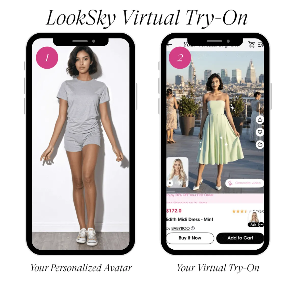 LookSky virtual try-on with personalized avatar and mint green dress