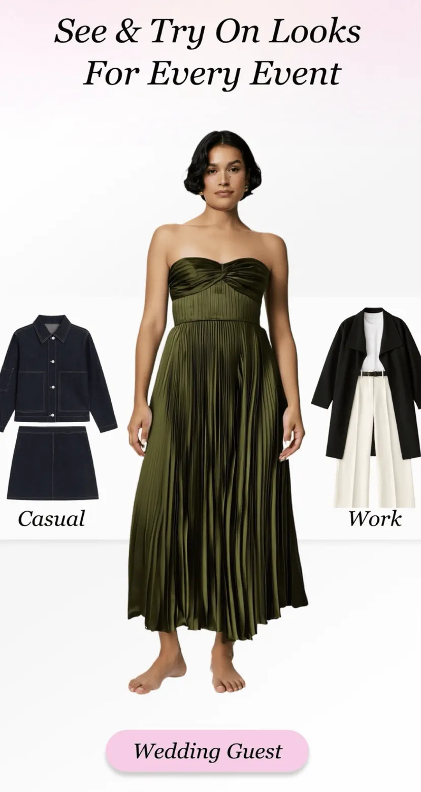 Virtual try-on preview showing a wedding guest dress with Casual and Work outfit options, created with LookSky’s AI Stylist.
