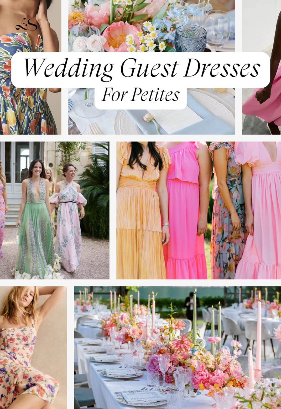 Wedding guest dresses for petite women in various floral and pastel styles