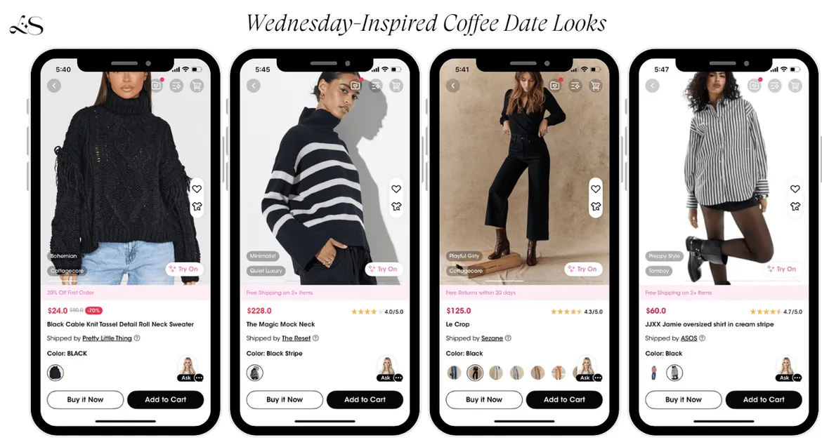 Sweaters and casual black outfits for coffee dates inspired by Wednesday Addams