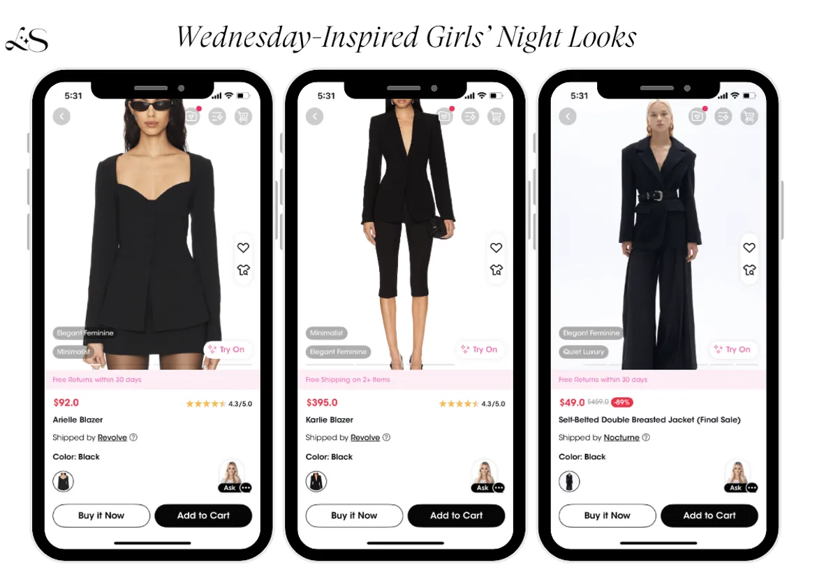 Three black blazers styled for Wednesday-inspired girls' night looks