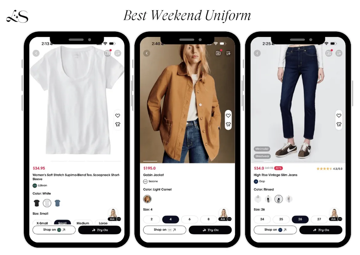 Casual weekend outfit with camel jacket, white tee, and dark jeans