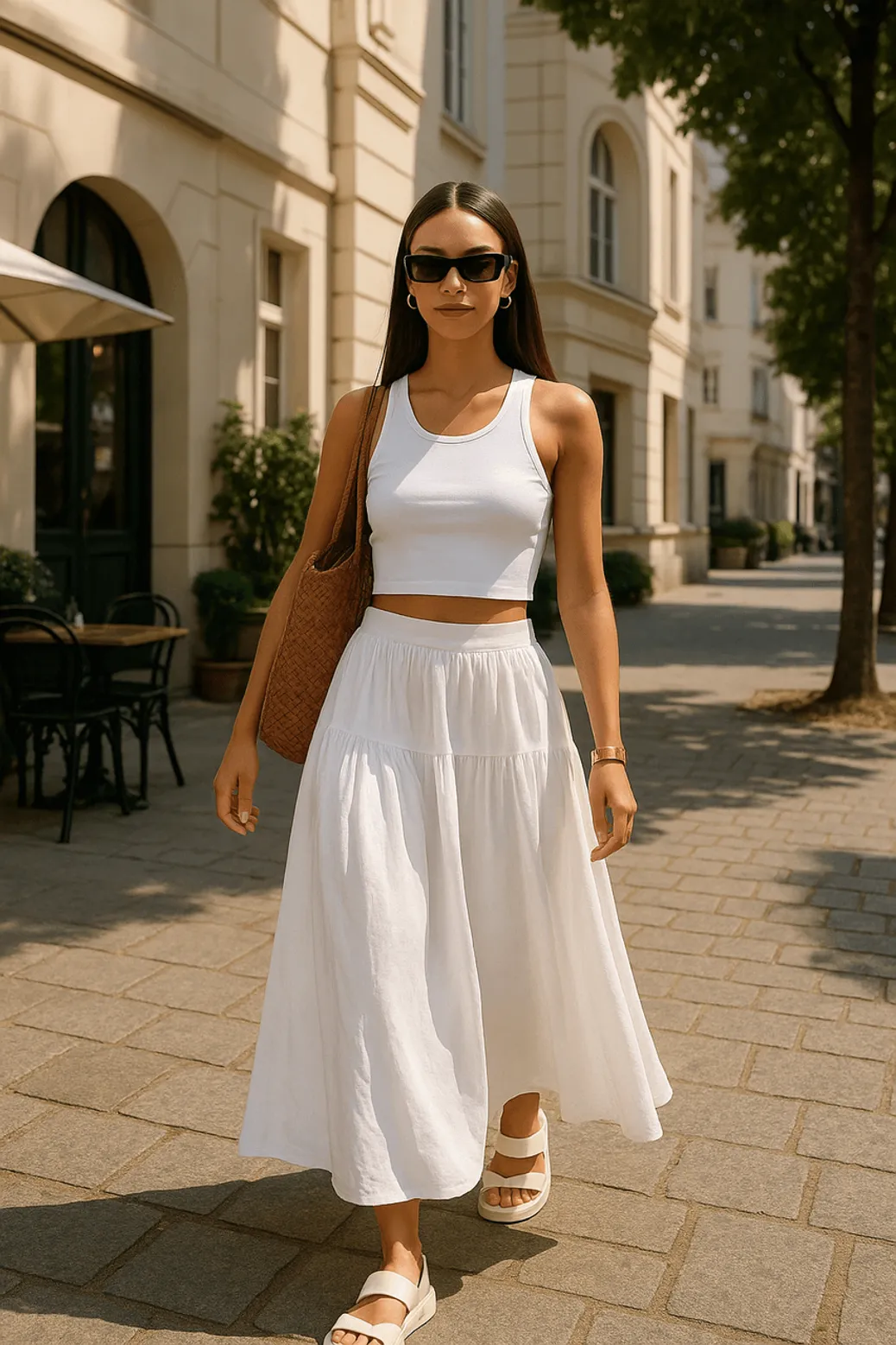Woman in white cotton skirt and tank crop top