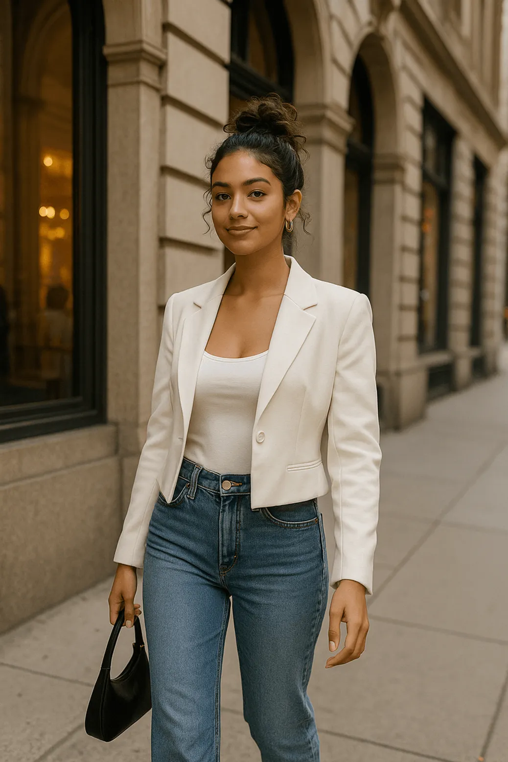 Woman in cropped white blazer and classic blue jeans