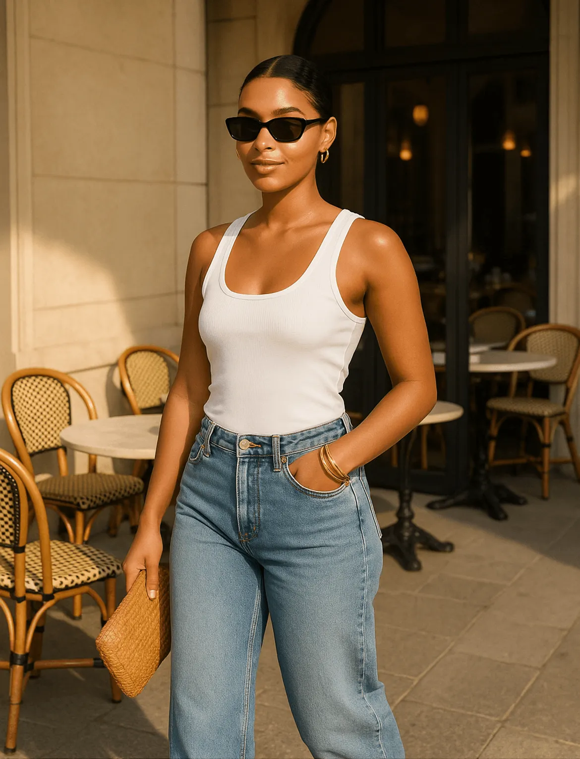 Stylish summer outfit with white tank top and jeans