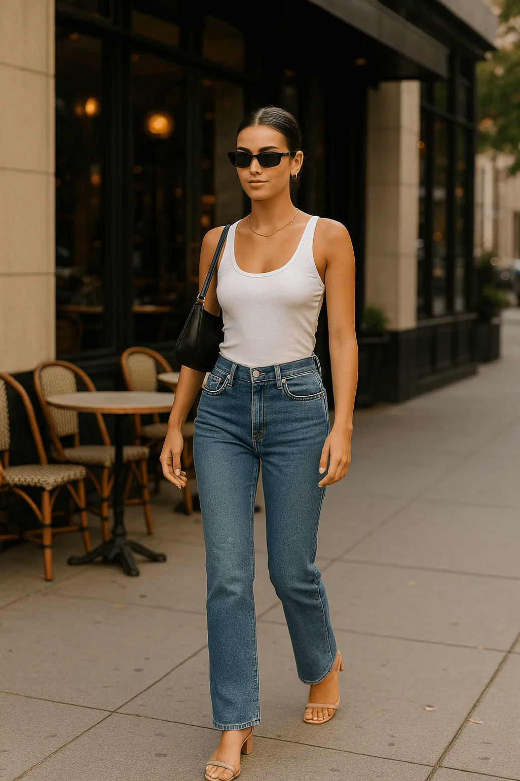 Woman in white tank top and high-waisted jeans walking on city sidewalk
