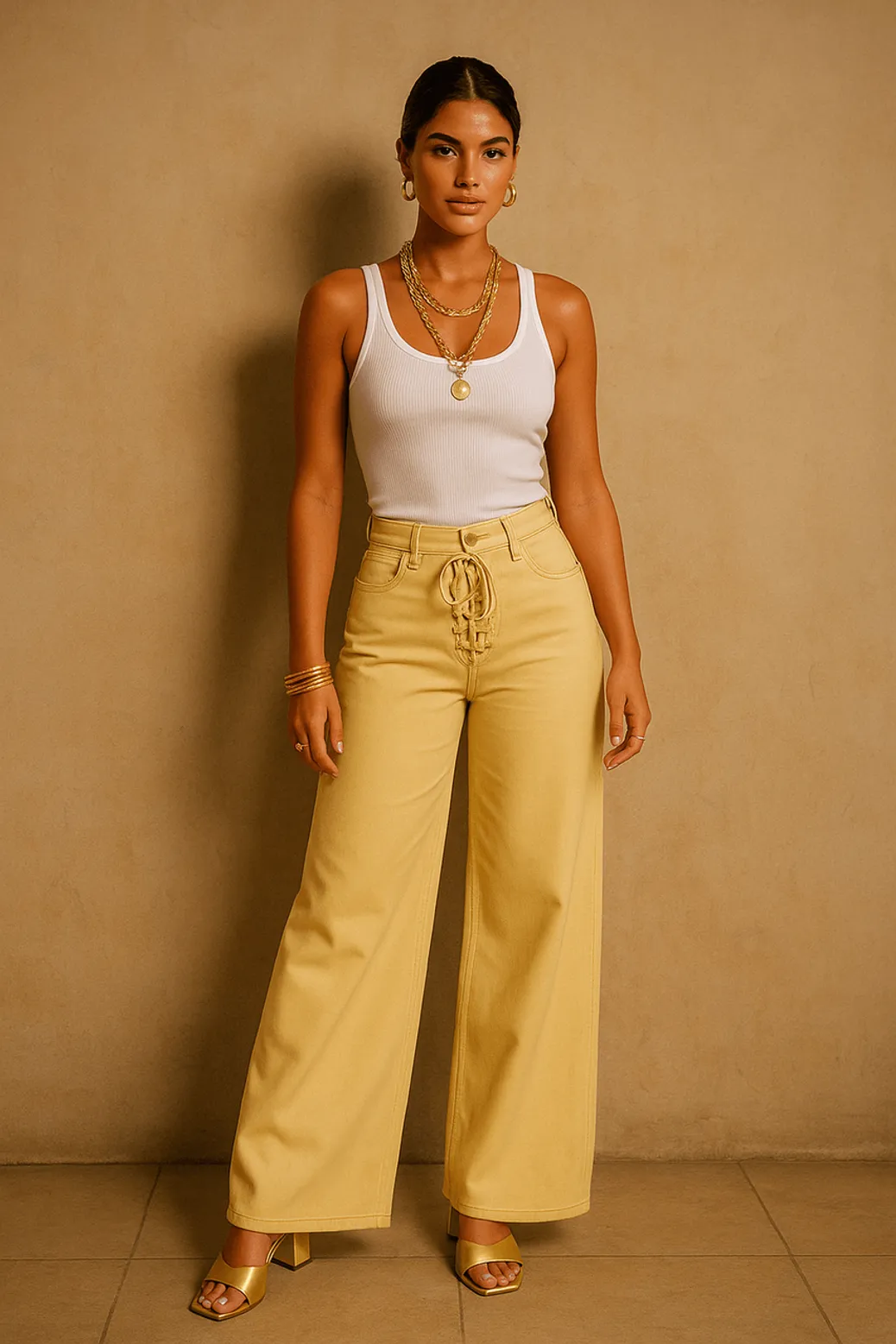 Woman wearing white tank top and yellow wide-leg pants fashion look