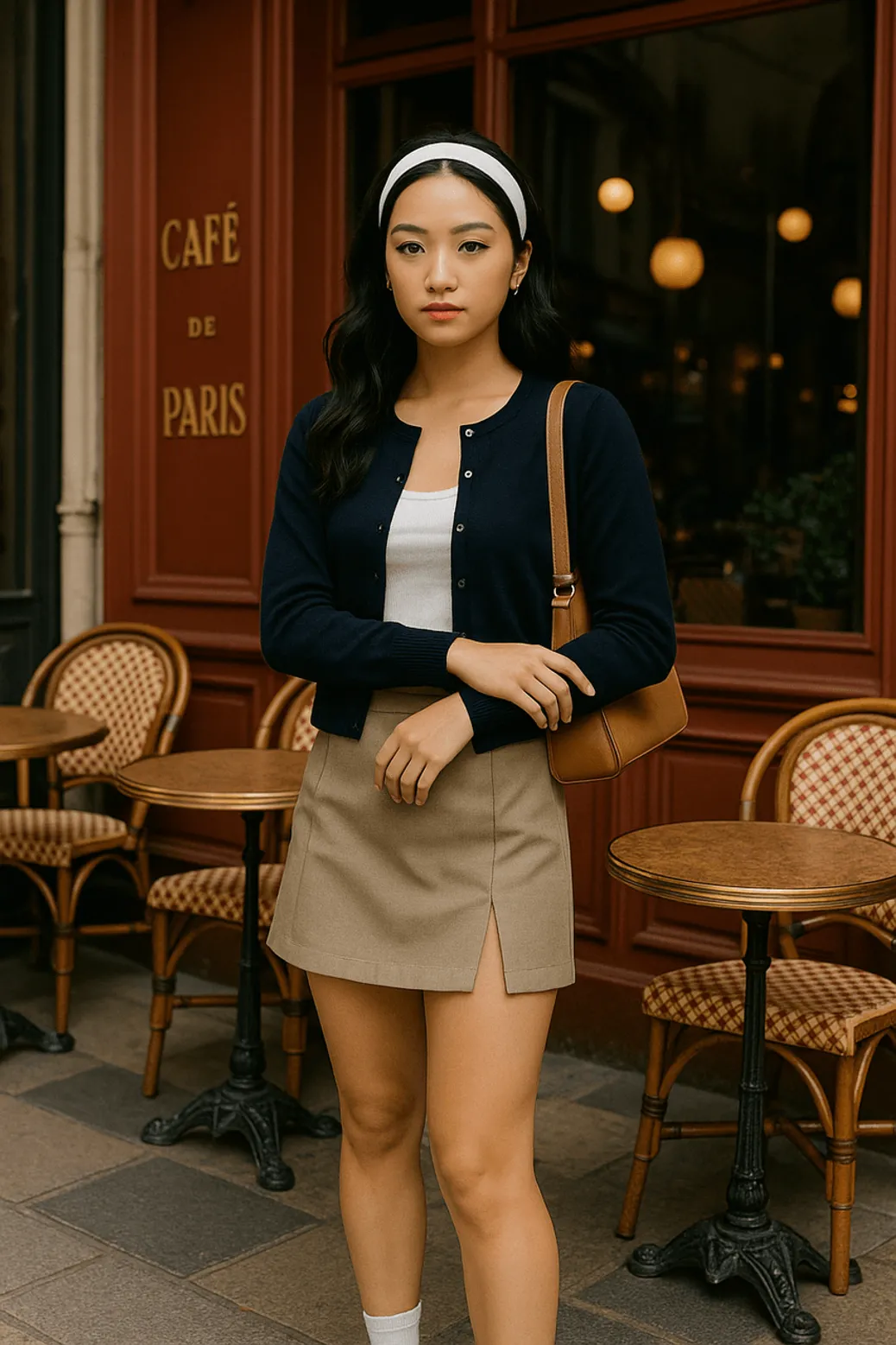 Parisian style woman in navy cardigan and mini skirt