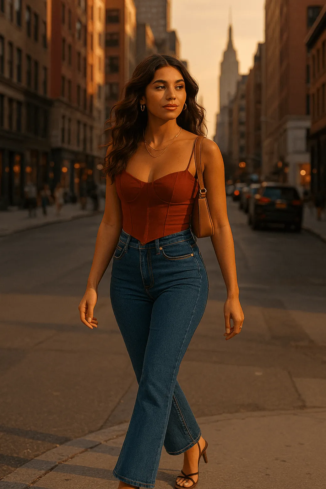 Woman wearing red corset top and blue jeans street style