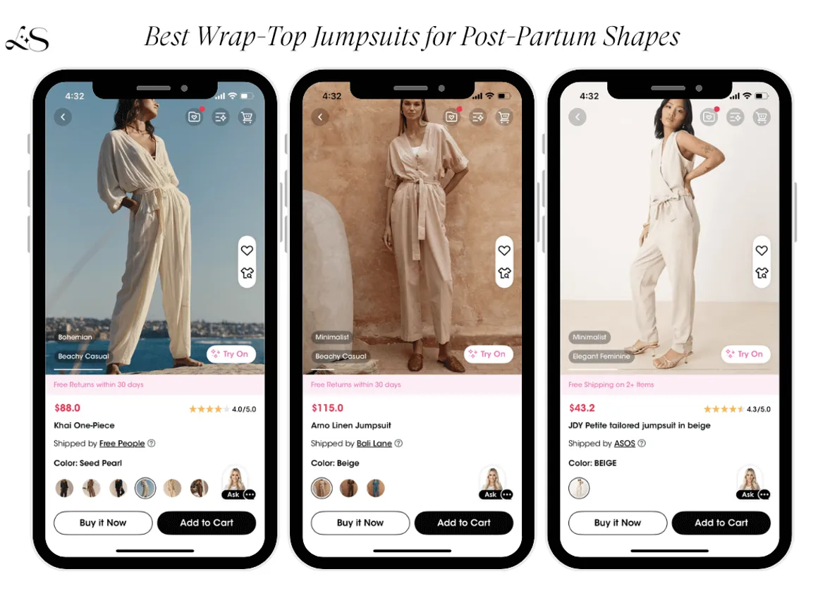 Postpartum-friendly wrap-top jumpsuits shown on models